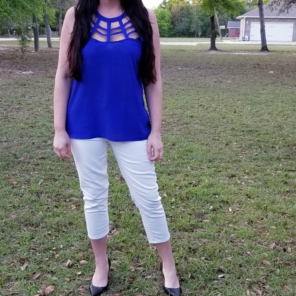 Blue cut out sleeveless top